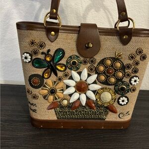 Vintage -Embellished Wood Bottom Tote Bag